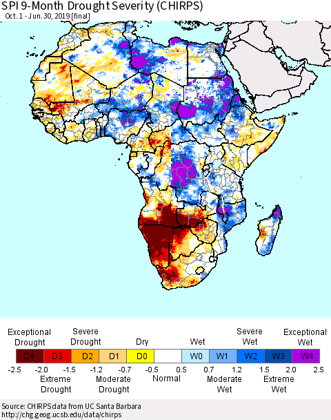 Africa SPI 9-Month Drought Severity (CHIRPS) Thematic Map For 10/1/2018 - 6/30/2019