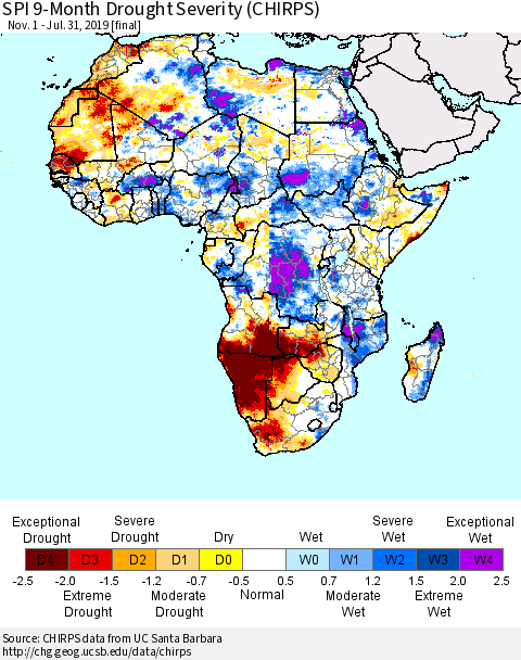 Africa SPI 9-Month Drought Severity (CHIRPS) Thematic Map For 11/1/2018 - 7/31/2019