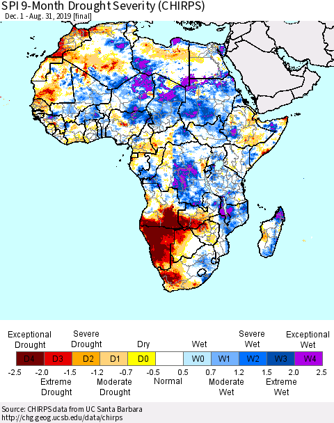 Africa SPI 9-Month Drought Severity (CHIRPS) Thematic Map For 12/1/2018 - 8/31/2019