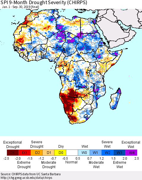 Africa SPI 9-Month Drought Severity (CHIRPS) Thematic Map For 1/1/2019 - 9/30/2019