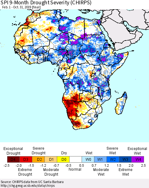 Africa SPI 9-Month Drought Severity (CHIRPS) Thematic Map For 2/1/2019 - 10/31/2019