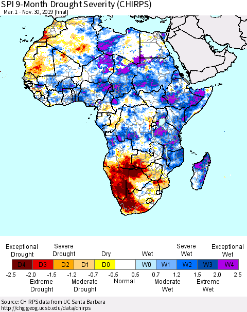 Africa SPI 9-Month Drought Severity (CHIRPS) Thematic Map For 3/1/2019 - 11/30/2019