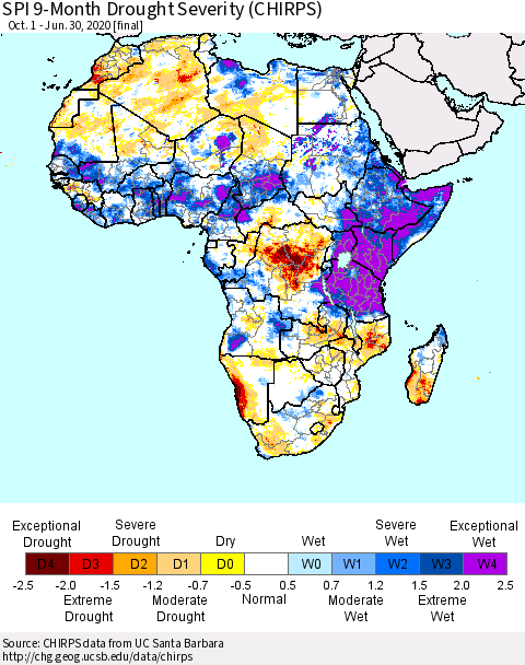 Africa SPI 9-Month Drought Severity (CHIRPS) Thematic Map For 10/1/2019 - 6/30/2020