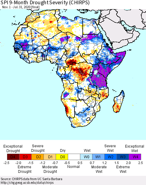 Africa SPI 9-Month Drought Severity (CHIRPS) Thematic Map For 11/1/2019 - 7/31/2020