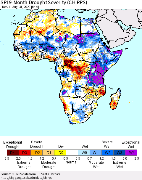 Africa SPI 9-Month Drought Severity (CHIRPS) Thematic Map For 12/1/2019 - 8/31/2020