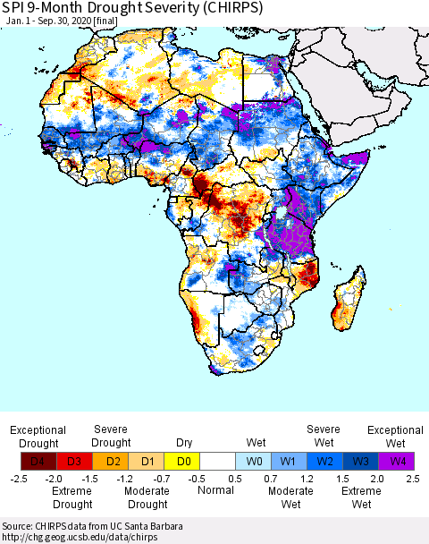 Africa SPI 9-Month Drought Severity (CHIRPS) Thematic Map For 1/1/2020 - 9/30/2020