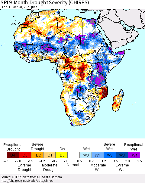 Africa SPI 9-Month Drought Severity (CHIRPS) Thematic Map For 2/1/2020 - 10/31/2020