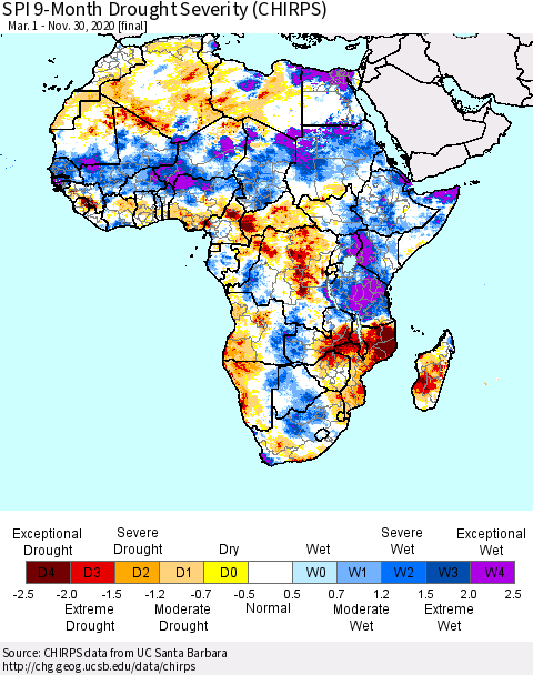 Africa SPI 9-Month Drought Severity (CHIRPS) Thematic Map For 3/1/2020 - 11/30/2020