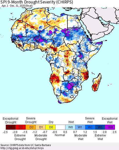 Africa SPI 9-Month Drought Severity (CHIRPS) Thematic Map For 4/1/2020 - 12/31/2020