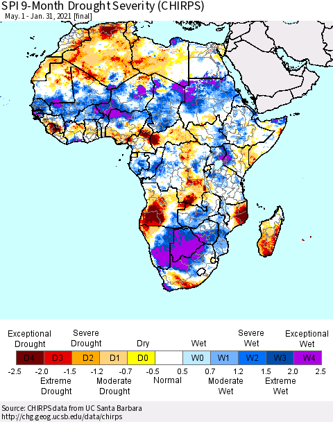 Africa SPI 9-Month Drought Severity (CHIRPS) Thematic Map For 5/1/2020 - 1/31/2021