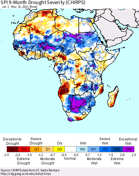 Africa SPI 9-Month Drought Severity (CHIRPS) Thematic Map For 7/1/2020 - 3/31/2021