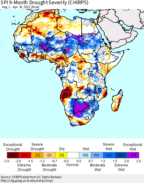 Africa SPI 9-Month Drought Severity (CHIRPS) Thematic Map For 8/1/2020 - 4/30/2021