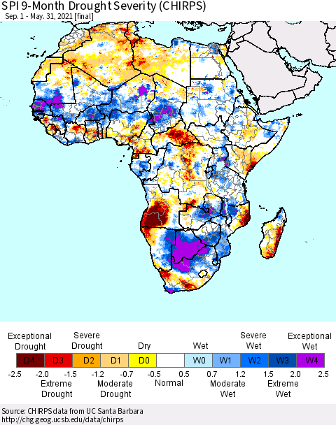 Africa SPI 9-Month Drought Severity (CHIRPS) Thematic Map For 9/1/2020 - 5/31/2021