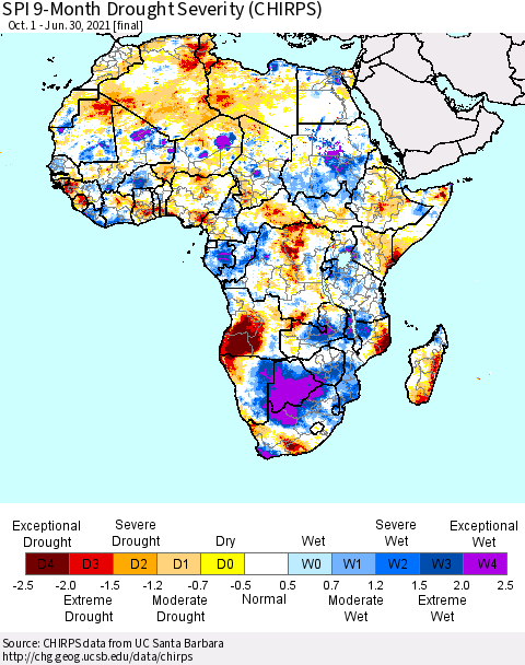Africa SPI 9-Month Drought Severity (CHIRPS) Thematic Map For 10/1/2020 - 6/30/2021