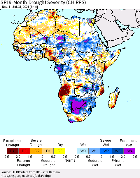Africa SPI 9-Month Drought Severity (CHIRPS) Thematic Map For 11/1/2020 - 7/31/2021