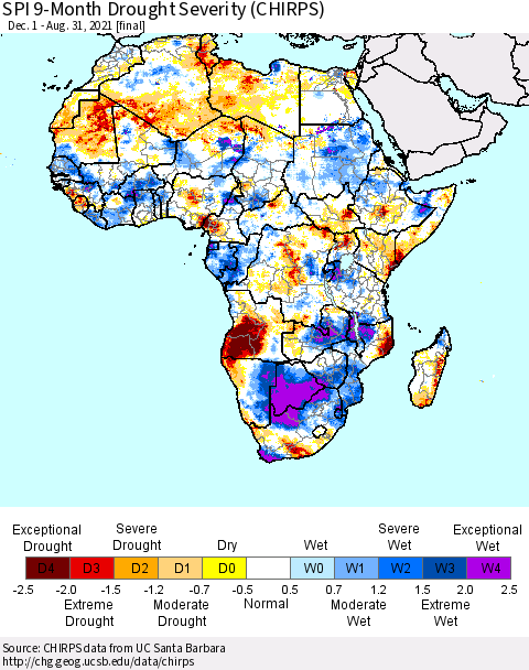 Africa SPI 9-Month Drought Severity (CHIRPS) Thematic Map For 12/1/2020 - 8/31/2021