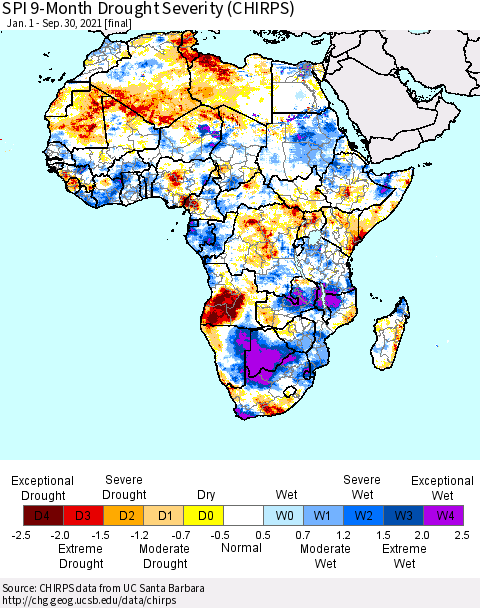 Africa SPI 9-Month Drought Severity (CHIRPS) Thematic Map For 1/1/2021 - 9/30/2021