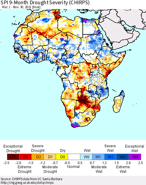 Africa SPI 9-Month Drought Severity (CHIRPS) Thematic Map For 3/1/2021 - 11/30/2021