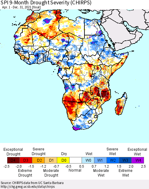 Africa SPI 9-Month Drought Severity (CHIRPS) Thematic Map For 4/1/2021 - 12/31/2021