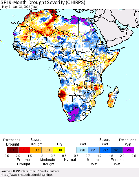 Africa SPI 9-Month Drought Severity (CHIRPS) Thematic Map For 5/1/2021 - 1/31/2022