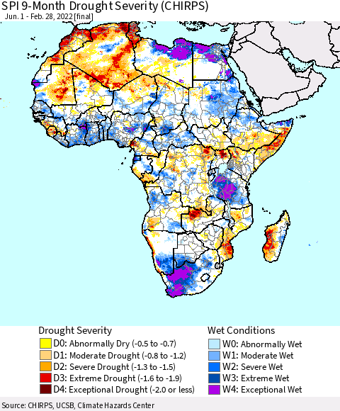 Africa SPI 9-Month Drought Severity (CHIRPS) Thematic Map For 6/1/2021 - 2/28/2022