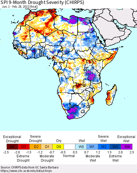 Africa SPI 9-Month Drought Severity (CHIRPS) Thematic Map For 6/1/2021 - 2/28/2022