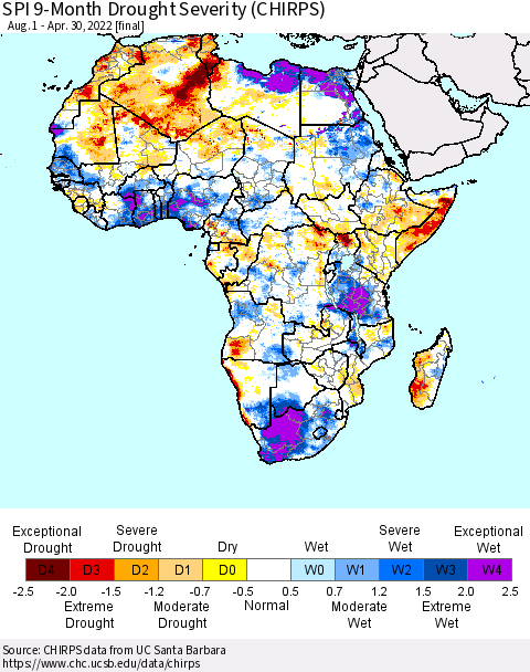 Africa SPI 9-Month Drought Severity (CHIRPS) Thematic Map For 8/1/2021 - 4/30/2022