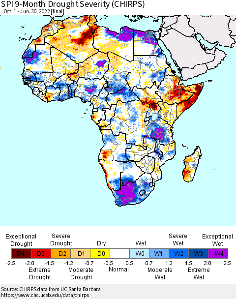Africa SPI 9-Month Drought Severity (CHIRPS) Thematic Map For 10/1/2021 - 6/30/2022