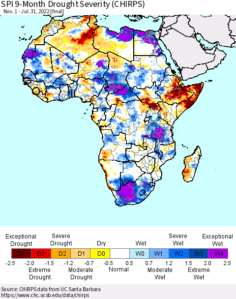 Africa SPI 9-Month Drought Severity (CHIRPS) Thematic Map For 11/1/2021 - 7/31/2022
