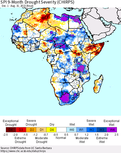 Africa SPI 9-Month Drought Severity (CHIRPS) Thematic Map For 12/1/2021 - 8/31/2022