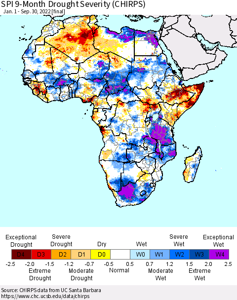 Africa SPI 9-Month Drought Severity (CHIRPS) Thematic Map For 1/1/2022 - 9/30/2022