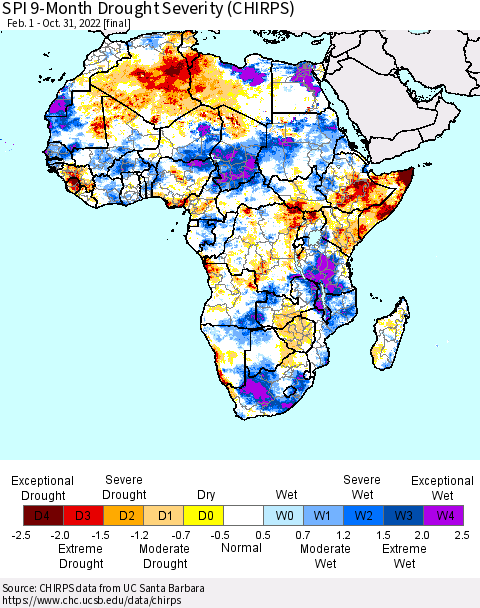 Africa SPI 9-Month Drought Severity (CHIRPS) Thematic Map For 2/1/2022 - 10/31/2022