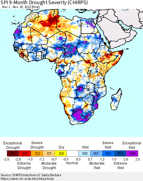 Africa SPI 9-Month Drought Severity (CHIRPS) Thematic Map For 3/1/2022 - 11/30/2022