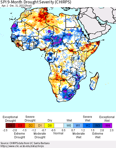 Africa SPI 9-Month Drought Severity (CHIRPS) Thematic Map For 4/1/2022 - 12/31/2022