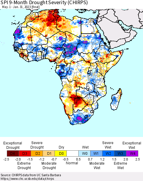 Africa SPI 9-Month Drought Severity (CHIRPS) Thematic Map For 5/1/2022 - 1/31/2023