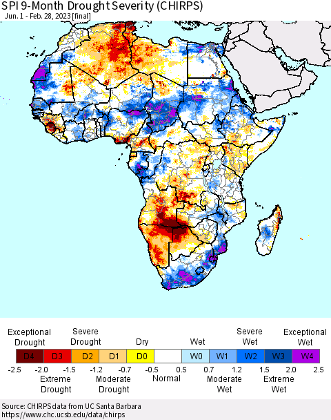 Africa SPI 9-Month Drought Severity (CHIRPS) Thematic Map For 6/1/2022 - 2/28/2023