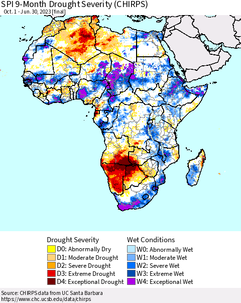 Africa SPI 9-Month Drought Severity (CHIRPS) Thematic Map For 10/1/2022 - 6/30/2023