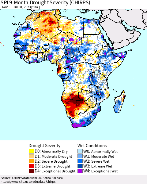 Africa SPI 9-Month Drought Severity (CHIRPS) Thematic Map For 11/1/2022 - 7/31/2023