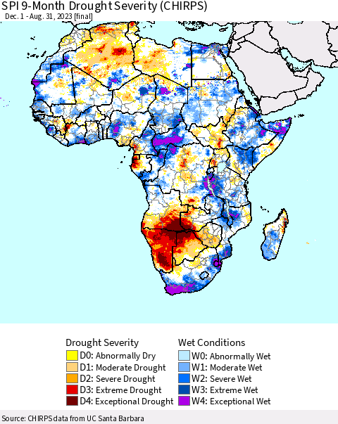 Africa SPI 9-Month Drought Severity (CHIRPS) Thematic Map For 12/1/2022 - 8/31/2023