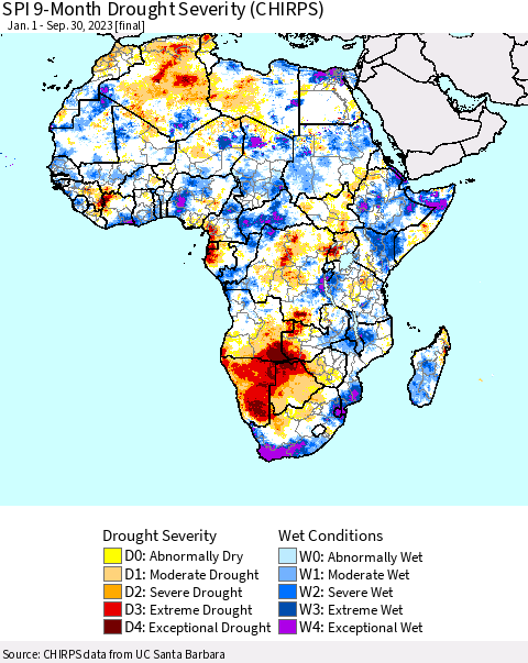 Africa SPI 9-Month Drought Severity (CHIRPS) Thematic Map For 1/1/2023 - 9/30/2023