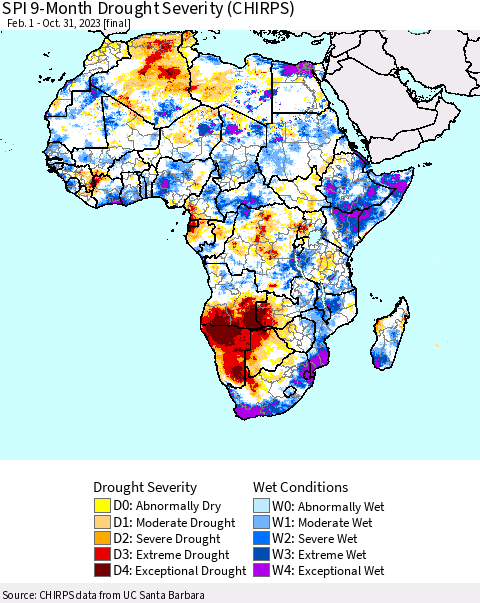 Africa SPI 9-Month Drought Severity (CHIRPS) Thematic Map For 2/1/2023 - 10/31/2023