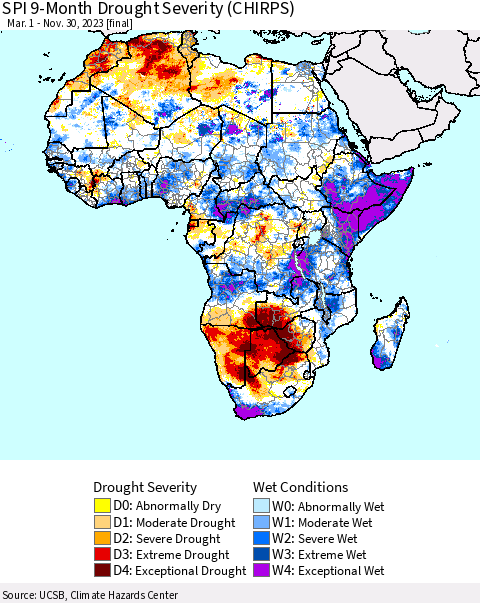Africa SPI 9-Month Drought Severity (CHIRPS) Thematic Map For 3/1/2023 - 11/30/2023