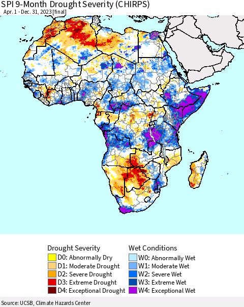 Africa SPI 9-Month Drought Severity (CHIRPS) Thematic Map For 4/1/2023 - 12/31/2023