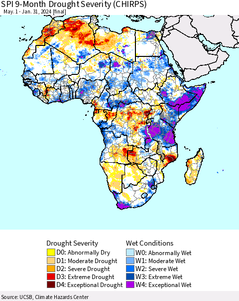 Africa SPI 9-Month Drought Severity (CHIRPS) Thematic Map For 5/1/2023 - 1/31/2024