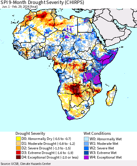 Africa SPI 9-Month Drought Severity (CHIRPS) Thematic Map For 6/1/2023 - 2/29/2024