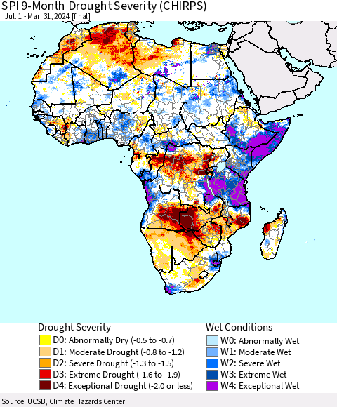 Africa SPI 9-Month Drought Severity (CHIRPS) Thematic Map For 7/1/2023 - 3/31/2024