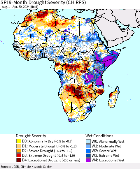 Africa SPI 9-Month Drought Severity (CHIRPS) Thematic Map For 8/1/2023 - 4/30/2024