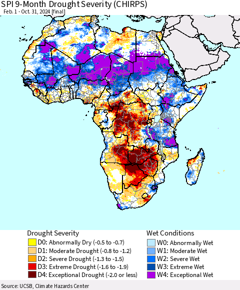 Africa SPI 9-Month Drought Severity (CHIRPS) Thematic Map For 2/1/2024 - 10/31/2024