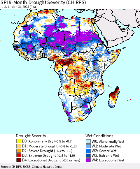 Africa SPI 9-Month Drought Severity (CHIRPS) Thematic Map For 7/1/2024 - 3/31/2025