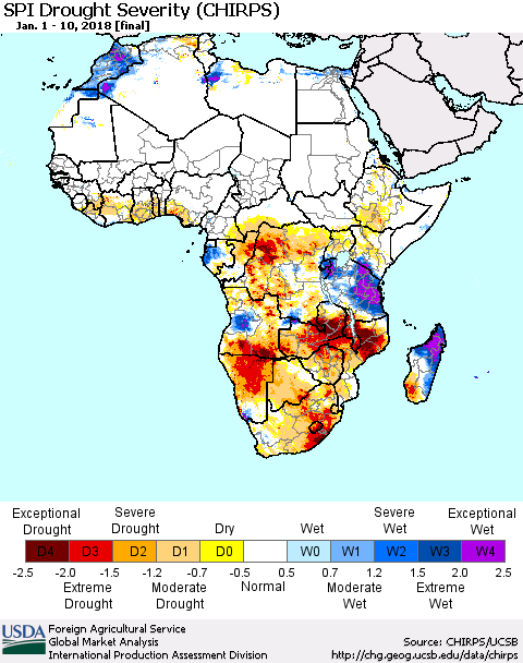 Africa SPI Drought Severity (CHIRPS) Thematic Map For 1/1/2018 - 1/10/2018
